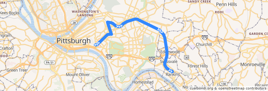 Mapa del recorrido PAT P3 East Busway-Oakland de la línea  en Allegheny County.