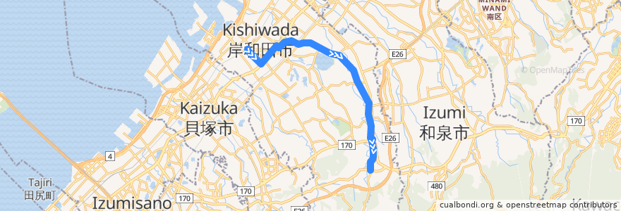 Mapa del recorrido 611: 岸和田駅前-牛滝山 de la línea  en Kishiwada.