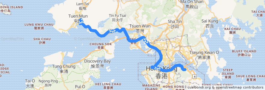 Mapa del recorrido 過海隧巴962C線 Cross-harbour Bus 962C (三聖 Sam Shing​ → 鰂魚涌 Quarry Bay) de la línea  en Гонконг.