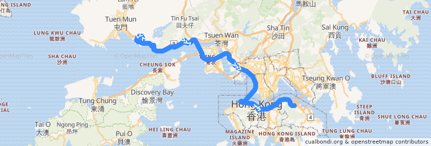 Mapa del recorrido 過海隧巴962E線 Cross-harbour Bus 962E (掃管笏 So Kwun Fat​ → 鰂魚涌 Quarry Bay) de la línea  en 香港 Hong Kong.