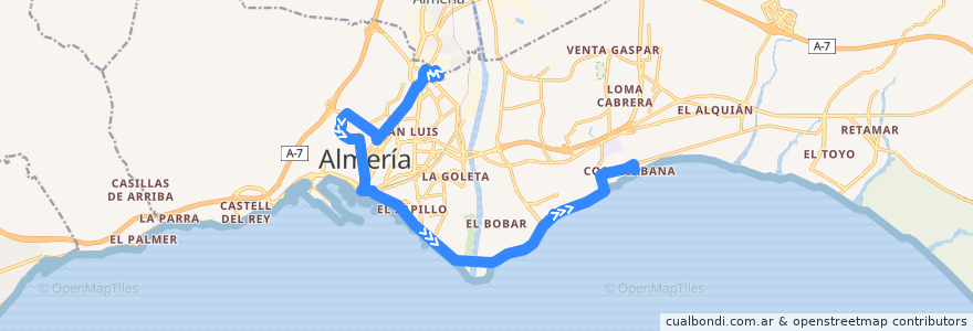 Mapa del recorrido L18: Torrecárdenas - Costacabana de la línea  en Almería.