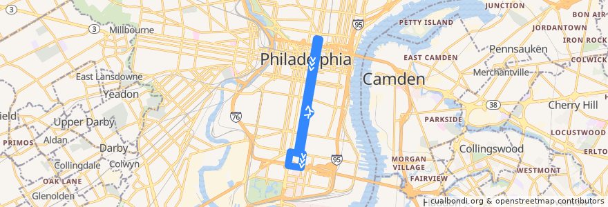 Mapa del recorrido SEPTA 45 de la línea  en Philadelphia County.