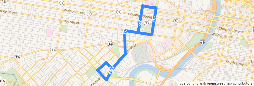 Mapa del recorrido SEPTA 36B de la línea  en Philadelphia County.