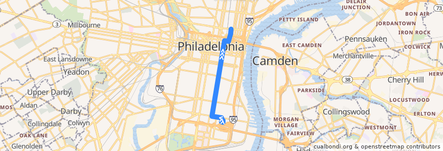 Mapa del recorrido SEPTA 47M (Whitman Plaza to 7th-Spring Garden) de la línea  en Philadelphia County.