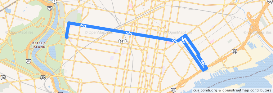 Mapa del recorrido SEPTA 54 de la línea  en Philadelphia County.