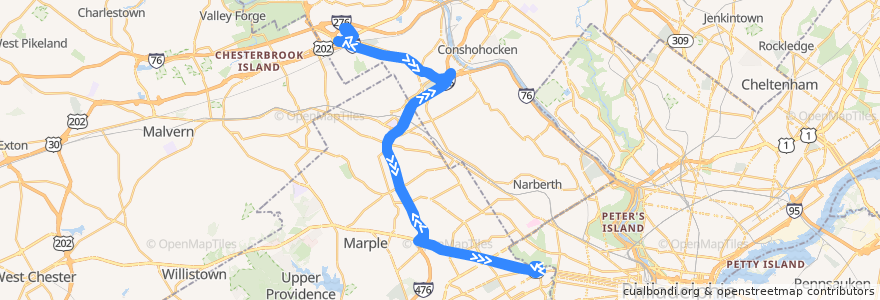 Mapa del recorrido SEPTA 123 de la línea  en Pensilvania.