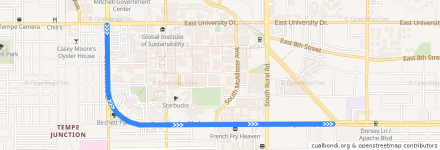 Mapa del recorrido Tempe Streetcar EB de la línea  en Tempe.