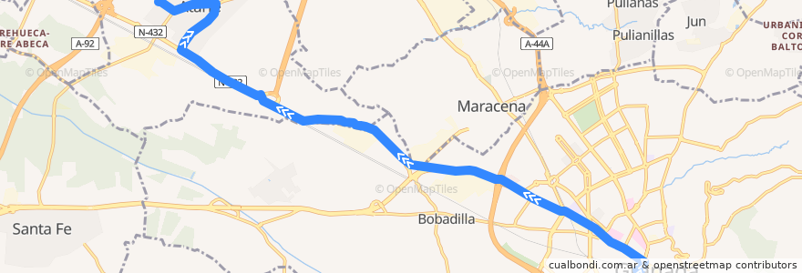 Mapa del recorrido Bus 0125: Granada → Atarfe (por Carretera de Córdoba) de la línea  en Comarca de la Vega de Granada.