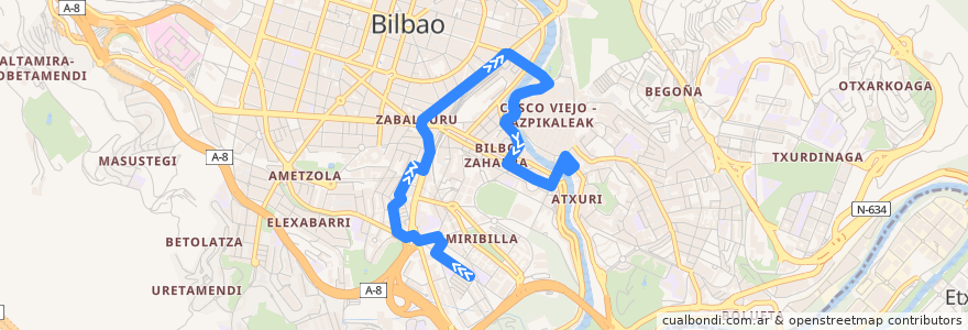 Mapa del recorrido 75 San Adrián → Atxuri de la línea  en Bilbao.