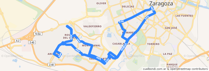 Mapa del recorrido Bus N4: Paseo Pamplona - Romareda - Rosales del Canal - Arcosur de la línea  en Saragosse.