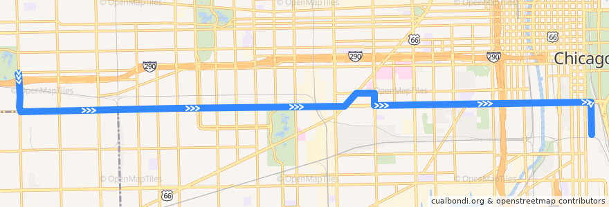 Mapa del recorrido Roosevelt de la línea  en Chicago.