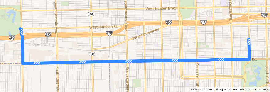 Mapa del recorrido Roosevelt de la línea  en Chicago.