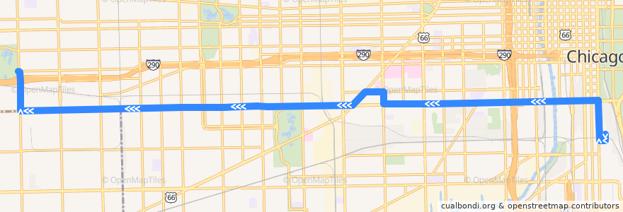 Mapa del recorrido Roosevelt de la línea  en Чикаго.