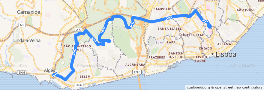 Mapa del recorrido Bus 723: Algés → Desterro de la línea  en Lisboa.