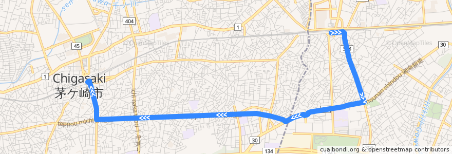 Mapa del recorrido 辻02:辻堂駅南口=>茅ヶ崎駅南口 de la línea  en Prefectura de Kanagawa.