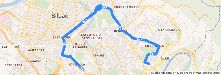 Mapa del recorrido 30 Miribilla → Txurdinaga de la línea  en Bilbao.