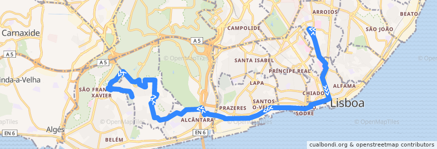 Mapa del recorrido Bus 760: Gomes Freire → Cemitério da Ajuda de la línea  en Lisboa.