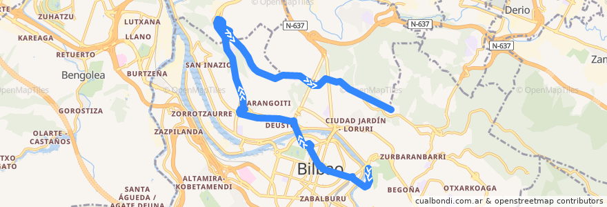 Mapa del recorrido A7 Arenal → Artxanda de la línea  en Bizkaia.