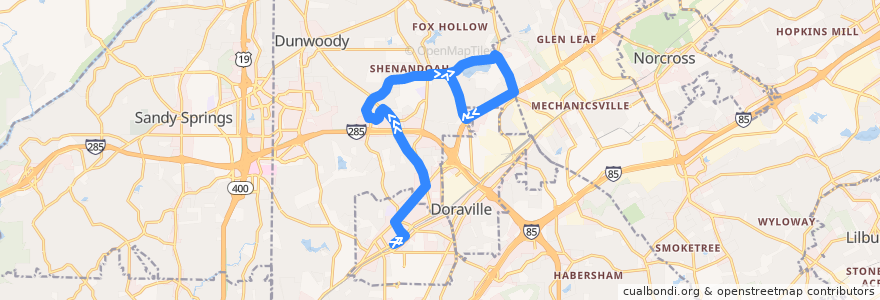 Mapa del recorrido MARTA 103 Peeler Road/North Shallowford de la línea  en DeKalb County.