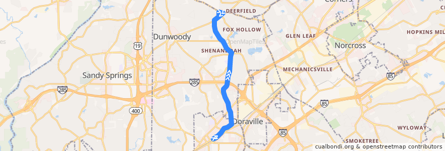 Mapa del recorrido MARTA 132 Tilly Mill Road de la línea  en DeKalb County.
