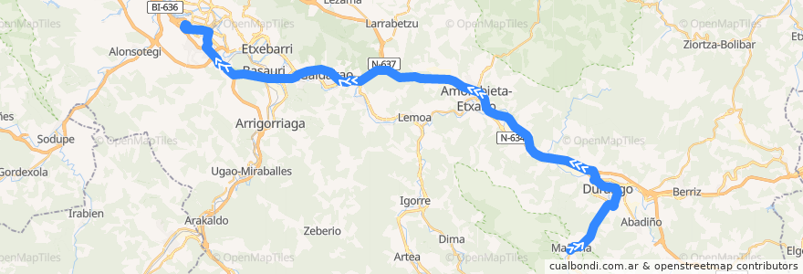 Mapa del recorrido A3933 Durango → Bilbao (autopista) de la línea  en Vizcaya.