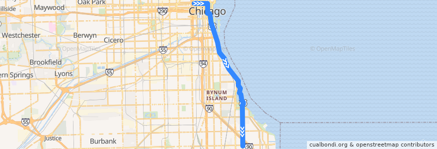 Mapa del recorrido Jeffery Jump de la línea  en Chicago.