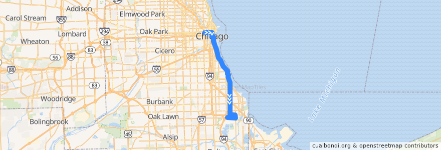 Mapa del recorrido Jeffery Jump de la línea  en Чикаго.