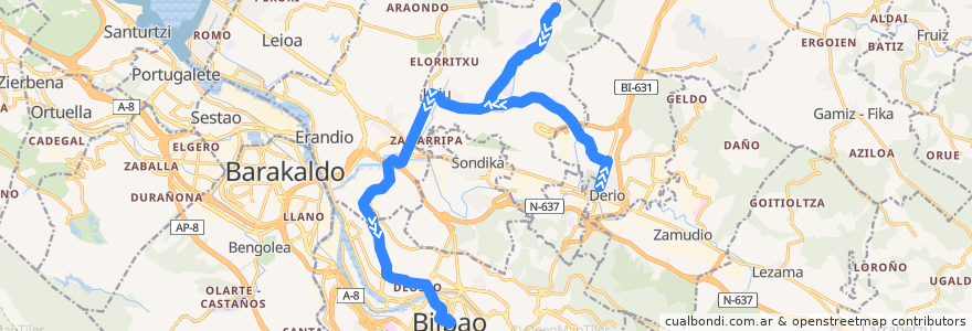 Mapa del recorrido A2153 Derio → Lauroeta → Loiu → Bilbao de la línea  en Bizkaia.