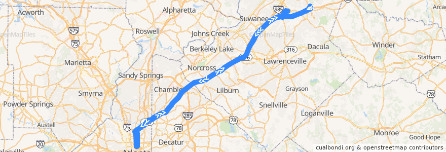Mapa del recorrido Xpress 411 Hamilton Mill/Mall of Georgia to Midtown de la línea  en ジョージア州.