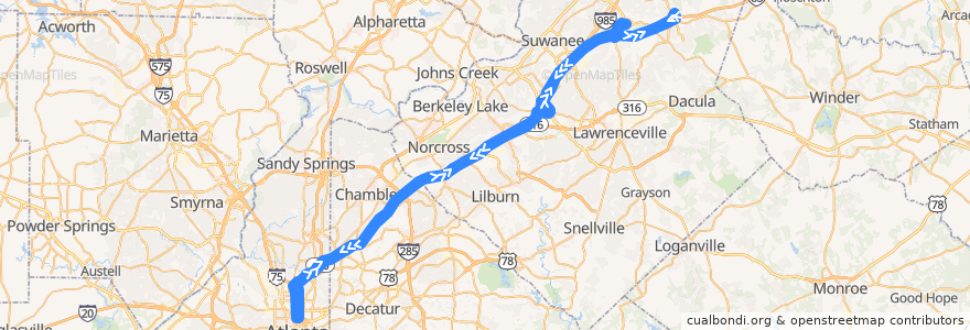 Mapa del recorrido Xpress 414 Hamilton Mill/Mall of Georgia/Sugarloaf Mills to Midtown de la línea  en Georgia.