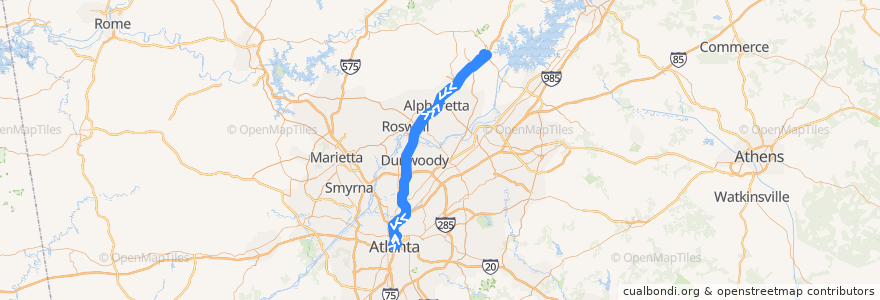 Mapa del recorrido Xpress 400 Cumming to Downtown de la línea  en جورجیا.