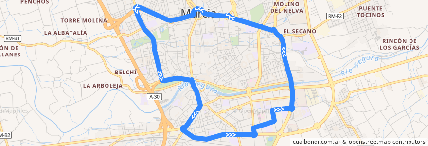 Mapa del recorrido Bus C2: Plaza Circular →Plaza Camachos → Hospital San Carlos de la línea  en Área Metropolitana de Murcia.