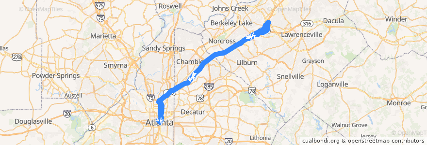 Mapa del recorrido Gwinnett County Transit 103A de la línea  en Georgia.