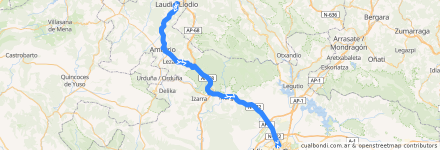 Mapa del recorrido A15 Laudio/Llodio → Luiaondo → Amurrio → Murgia → Vitoria-Gasteiz de la línea  en 阿拉瓦.