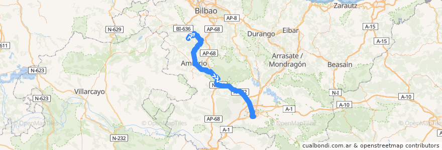 Mapa del recorrido A15 Okondo → Laudio/Llodio → Luiaondo → Amurrio → Vitoria-Gasteiz → Universidad de la línea  en Araba/Álava.