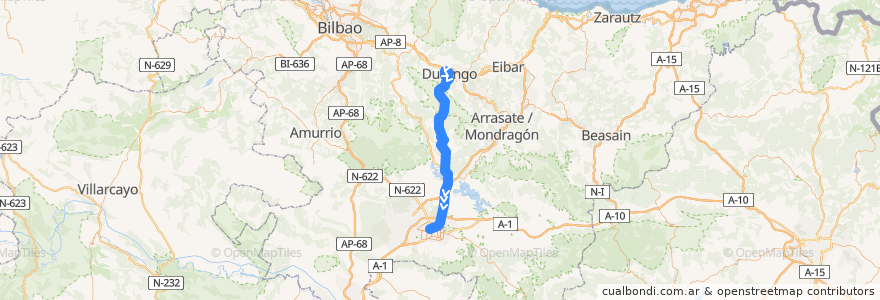 Mapa del recorrido A18 Durango → Vitoria-Gasteiz de la línea  en Negara basque.