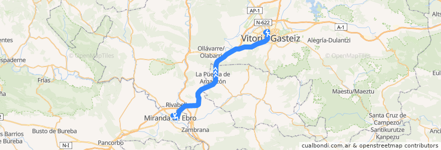 Mapa del recorrido A19 Miranda de Ebro → Vitoria-Gasteiz de la línea  en Araba/Álava.