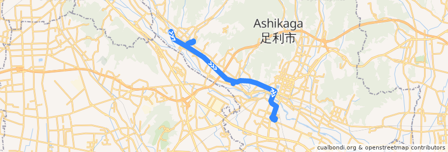 Mapa del recorrido 足利市生活路線バス小俣線 小俣公園入口⇒西プラザ・足利赤十字病院⇒アピタ de la línea  en 足利市.