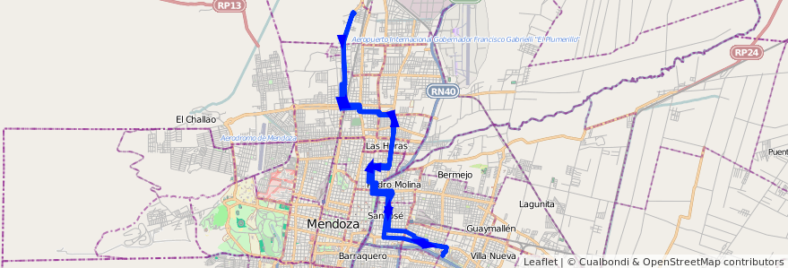 Mapa del recorrido 88 - Vinculación las Heras - Notti - Shopping de la línea G04 en Mendoza.