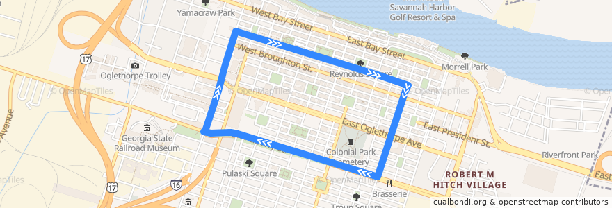 Mapa del recorrido CAT dot Downtown Loop de la línea  en Savannah.