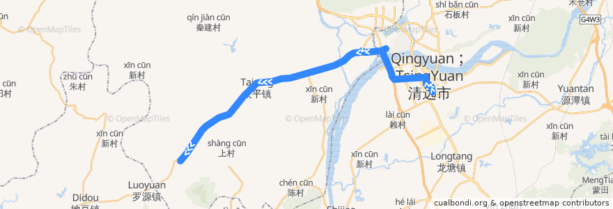 Mapa del recorrido 清远215路公交（市人民医院→三坑客运站） de la línea  en Qingyuan.