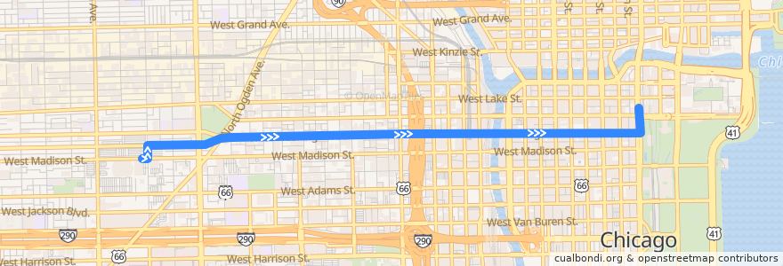 Mapa del recorrido United Center Express de la línea  en 시카고.