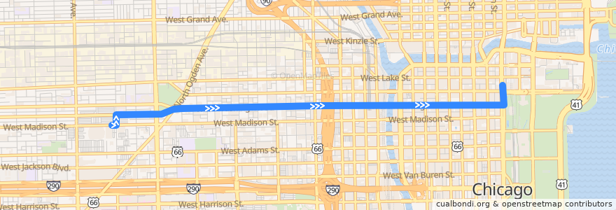 Mapa del recorrido United Center Express de la línea  en Chicago.