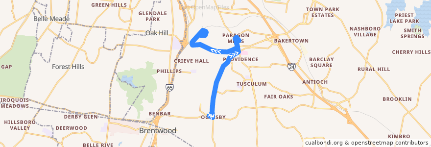 Mapa del recorrido WeGo 72 Grassmere/Edmondson Connector de la línea  en Nashville-Davidson.