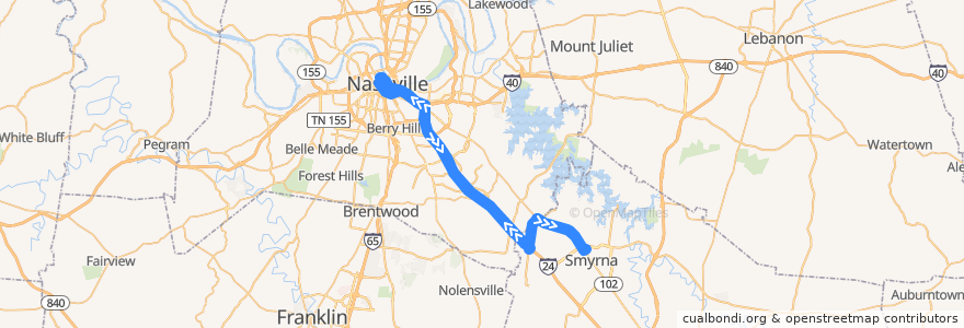 Mapa del recorrido WeGo 86X Smyrna/La Vergne Express de la línea  en 田纳西州.