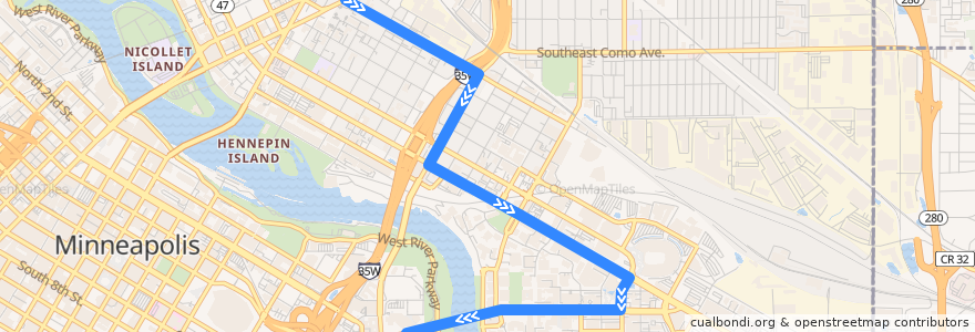 Mapa del recorrido Metro Transit 2E (westbound) de la línea  en Minneapolis.