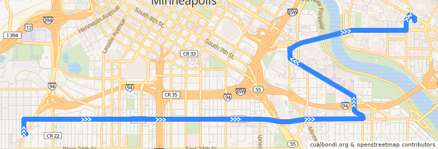 Mapa del recorrido Metro Transit 2A (eastbound) de la línea  en Minneapolis.