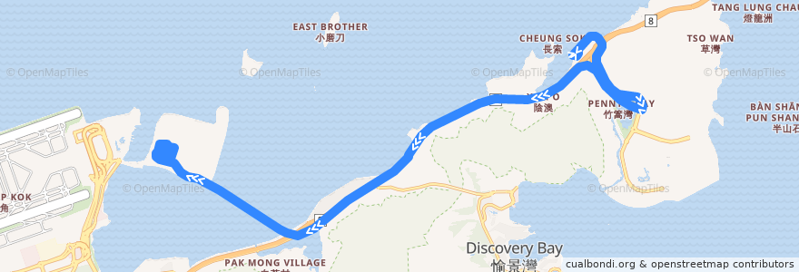 Mapa del recorrido 城巴B5線 Citybus B5 (欣澳站 Sunny Bay Station → 大橋香港口岸 HZMB HK Port) de la línea  en Hongkong.