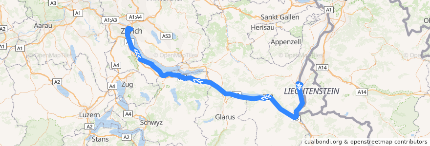 Mapa del recorrido EN 40462: Budapest => Zürich de la línea  en Schweiz/Suisse/Svizzera/Svizra.