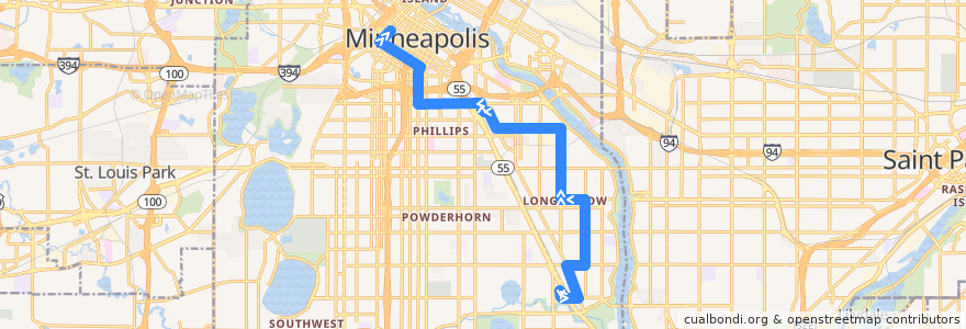 Mapa del recorrido Metro Transit 9 (westbound) de la línea  en Minneapolis.
